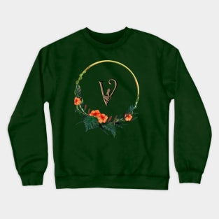 Circle frame with tropical flowers and girl figure around letter V Crewneck Sweatshirt